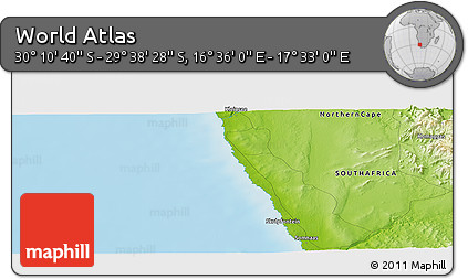 Physical Panoramic Map of the Area around 29° 54' 34" S, 17° 4' 30" E
