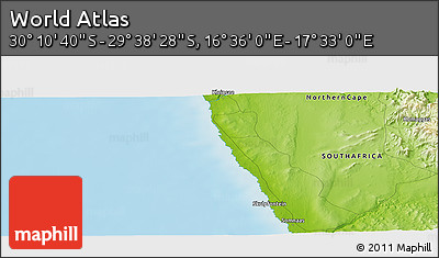 Physical Panoramic Map of the Area around 29° 54' 34" S, 17° 4' 30" E