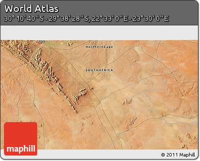 Satellite 3D Map of the Area around 29° 54' 34" S, 23° 1' 29" E