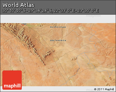 Satellite 3D Map of the Area around 29° 54' 34" S, 23° 1' 29" E