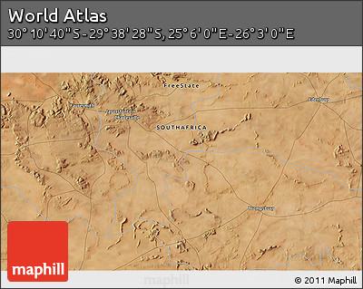 Satellite 3D Map of the Area around 29° 54' 34" S, 25° 34' 30" E