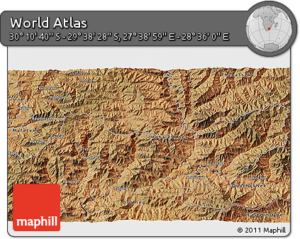 Satellite 3D Map of the Area around 29° 54' 34" S, 28° 7' 30" E