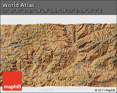 Satellite 3D Map of the Area around 29° 54' 34" S, 28° 7' 30" E