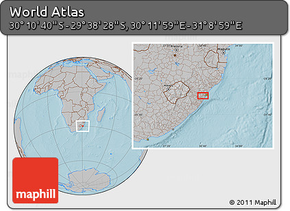 Gray Location Map of the Area around 29° 54' 34" S, 30° 40' 29" E, hill shading