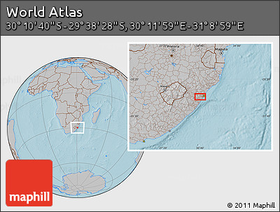 Gray Location Map of the Area around 29° 54' 34" S, 30° 40' 29" E, hill shading
