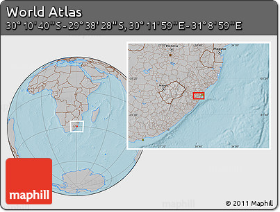 Gray Location Map of the Area around 29° 54' 34" S, 30° 40' 29" E, hill shading