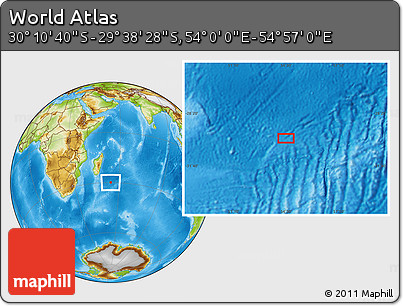 Physical Location Map of the Area around 29° 54' 34" S, 54° 28' 30" E