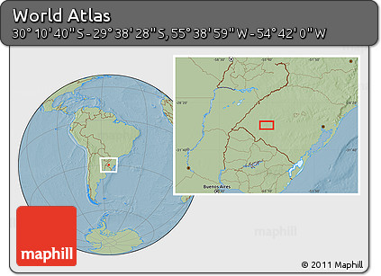 Savanna Style Location Map of the Area around 29° 54' 34" S, 55° 10' 29" W, hill shading