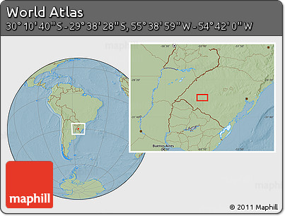 Savanna Style Location Map of the Area around 29° 54' 34" S, 55° 10' 29" W, hill shading