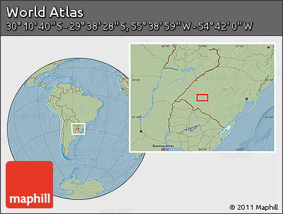 Savanna Style Location Map of the Area around 29° 54' 34" S, 55° 10' 29" W, hill shading