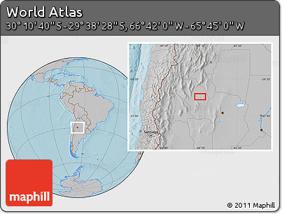 Gray Location Map of the Area around 29° 54' 34" S, 66° 13' 29" W, hill shading