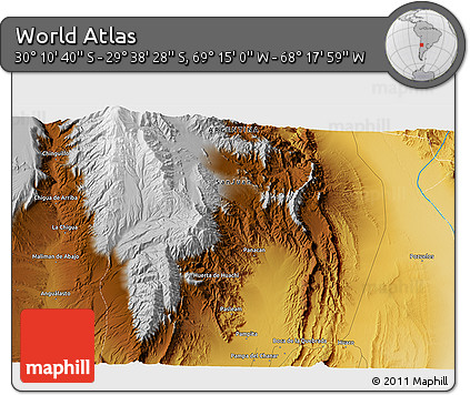 Physical 3D Map of the Area around 29° 54' 34" S, 68° 46' 30" W