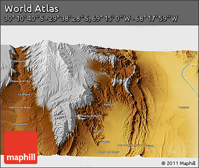 Physical 3D Map of the Area around 29° 54' 34" S, 68° 46' 30" W