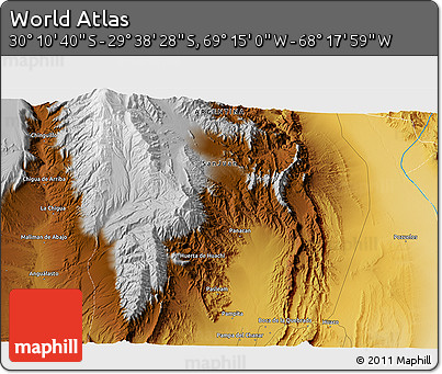 Physical 3D Map of the Area around 29° 54' 34" S, 68° 46' 30" W