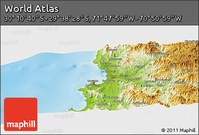 Physical Panoramic Map of the Area around 29° 54' 34" S, 71° 19' 29" W