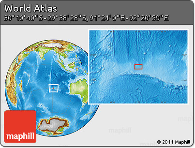 Physical Location Map of the Area around 29° 54' 34" S, 91° 52' 30" E