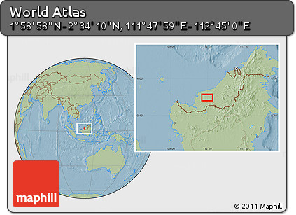 Savanna Style Location Map of the Area around 2° 16' 34" N, 112° 16' 30" E, hill shading