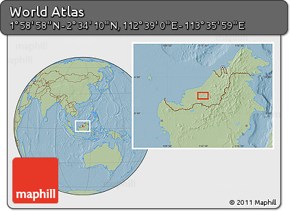 Savanna Style Location Map of the Area around 2° 16' 34" N, 113° 7' 30" E, hill shading