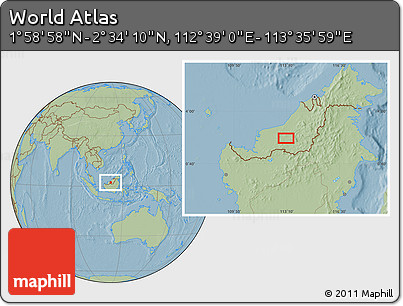 Savanna Style Location Map of the Area around 2° 16' 34" N, 113° 7' 30" E, hill shading