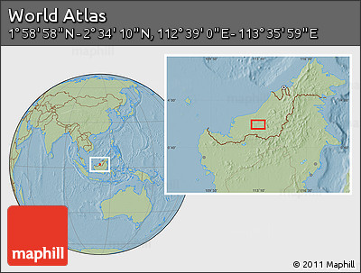 Savanna Style Location Map of the Area around 2° 16' 34" N, 113° 7' 30" E, hill shading