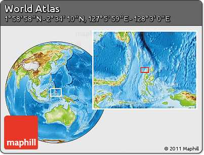 Physical Location Map of the Area around 2° 16' 34" N, 127° 34' 30" E