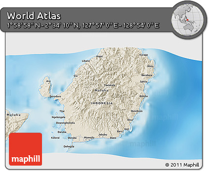Shaded Relief 3D Map of the Area around 2° 16' 34" N, 128° 25' 30" E