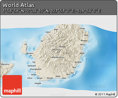 Shaded Relief 3D Map of the Area around 2° 16' 34" N, 128° 25' 30" E