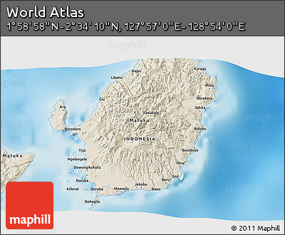 Shaded Relief 3D Map of the Area around 2° 16' 34" N, 128° 25' 30" E