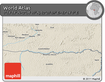 Shaded Relief 3D Map of the Area around 2° 16' 34" N, 12° 49' 29" E