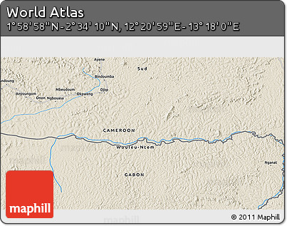 Shaded Relief 3D Map of the Area around 2° 16' 34" N, 12° 49' 29" E