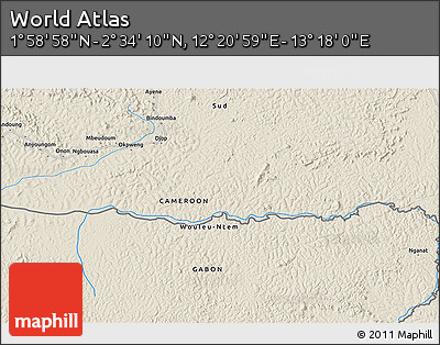 Shaded Relief 3D Map of the Area around 2° 16' 34" N, 12° 49' 29" E
