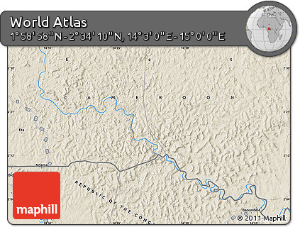 Shaded Relief Map of the Area around 2° 16' 34" N, 14° 31' 30" E