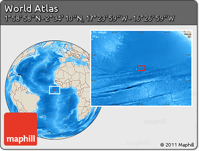 Shaded Relief Location Map of the Area around 2° 16' 34" N, 16° 55' 29" W