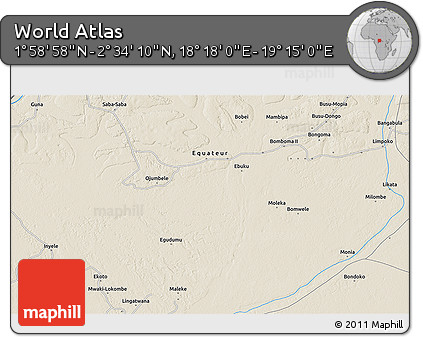 Shaded Relief 3D Map of the Area around 2° 16' 34" N, 18° 46' 29" E