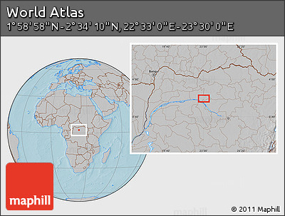 Gray Location Map of the Area around 2° 16' 34" N, 23° 1' 29" E, hill shading