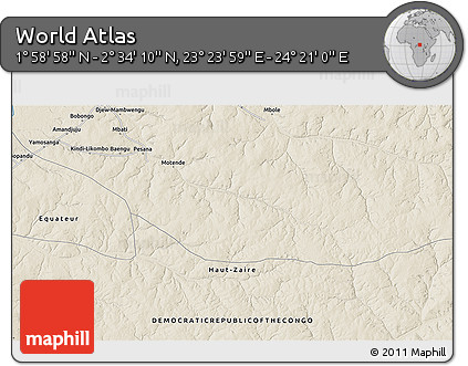 Shaded Relief 3D Map of the Area around 2° 16' 34" N, 23° 52' 30" E