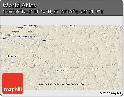 Shaded Relief 3D Map of the Area around 2° 16' 34" N, 23° 52' 30" E