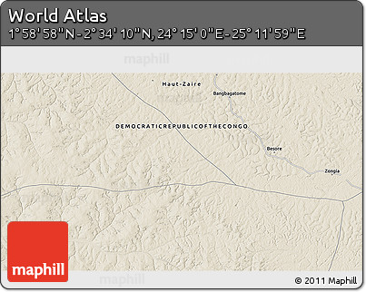 Shaded Relief 3D Map of the Area around 2° 16' 34" N, 24° 43' 30" E