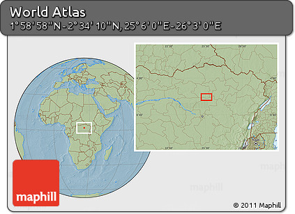 Savanna Style Location Map of the Area around 2° 16' 34" N, 25° 34' 30" E, hill shading