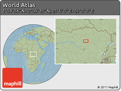 Savanna Style Location Map of the Area around 2° 16' 34" N, 25° 34' 30" E, hill shading