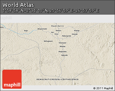 Shaded Relief 3D Map of the Area around 2° 16' 34" N, 26° 25' 29" E