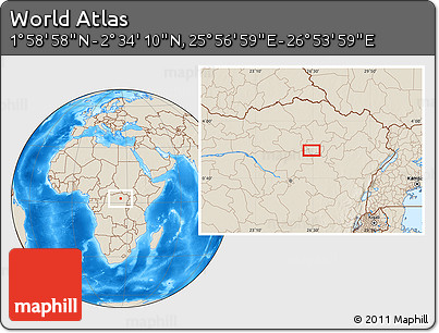 Shaded Relief Location Map of the Area around 2° 16' 34" N, 26° 25' 29" E
