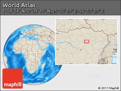Shaded Relief Location Map of the Area around 2° 16' 34" N, 26° 25' 29" E