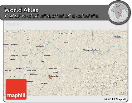 Shaded Relief 3D Map of the Area around 2° 16' 34" N, 28° 7' 30" E
