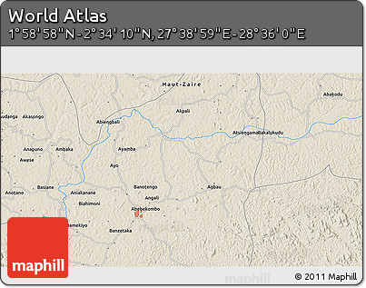 Shaded Relief 3D Map of the Area around 2° 16' 34" N, 28° 7' 30" E