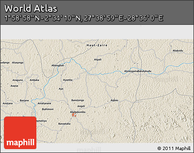 Shaded Relief 3D Map of the Area around 2° 16' 34" N, 28° 7' 30" E