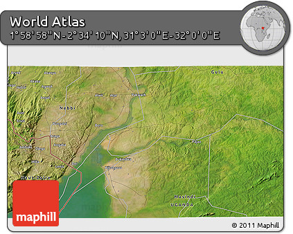 Satellite 3D Map of the Area around 2° 16' 34" N, 31° 31' 29" E