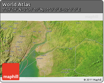 Satellite 3D Map of the Area around 2° 16' 34" N, 31° 31' 29" E