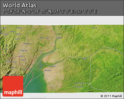 Satellite 3D Map of the Area around 2° 16' 34" N, 31° 31' 29" E
