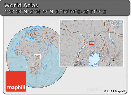 Gray Location Map of the Area around 2° 16' 34" N, 32° 22' 30" E, hill shading